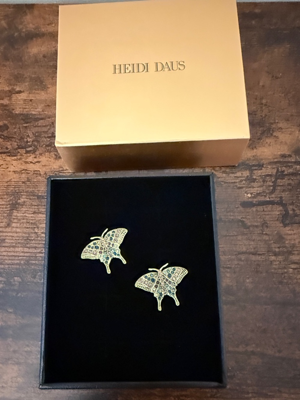 Heidi Daus Gold Butterfly Clip-On Earrings with Teal & Light Blue Crystals omega